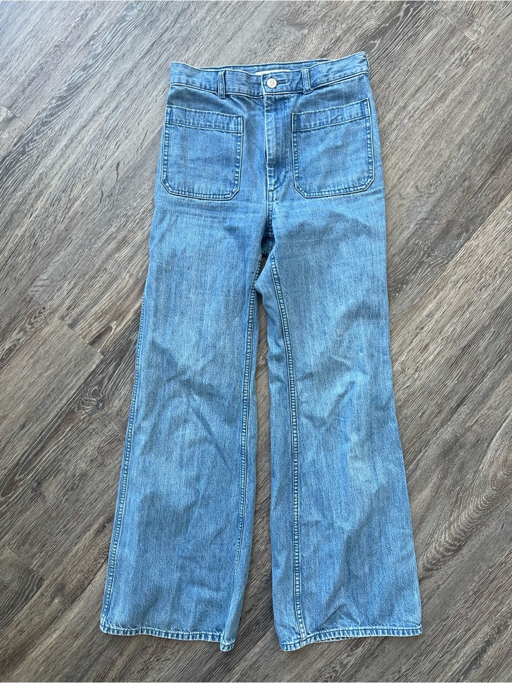 J.W. Anderson x Uniqlo | Flared High Rise Patch Pocket Medium Wash Denim Jeans